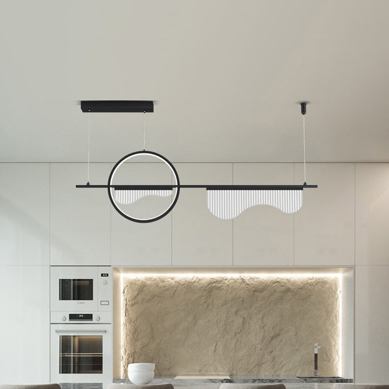 Contemporary Led Metal Island Pendant With Acrylic Wavy Design - Black Circle & Linear Down Lighting