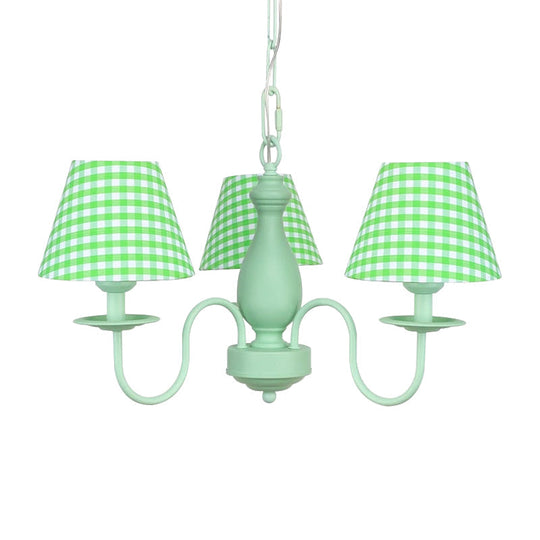 Modern Green Plaid Shade Chandelier - 3 Bulb Kids Hanging Light Bedroom Décor