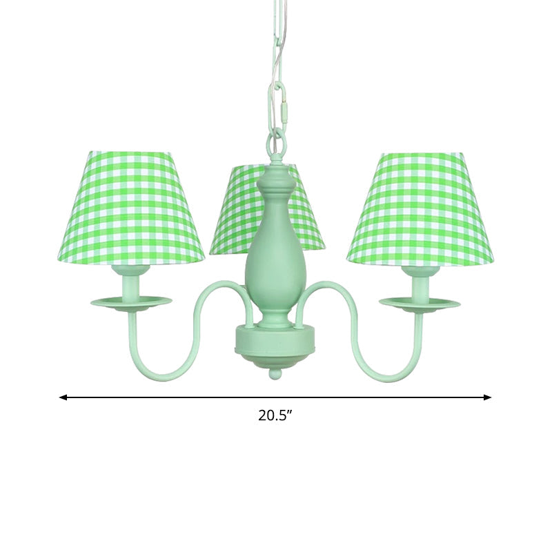 Modern Green Plaid Shade Chandelier - 3 Bulb Kids Hanging Light Bedroom Décor