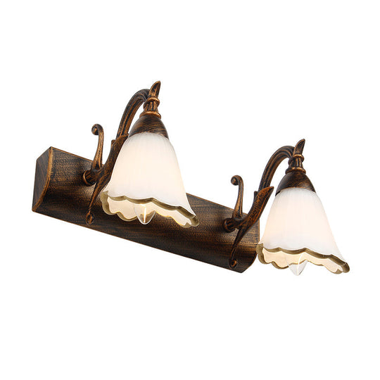 Opal Glass Floral Wall Light In Bronze/White With Curved Arm - 2/3-Light Fixture