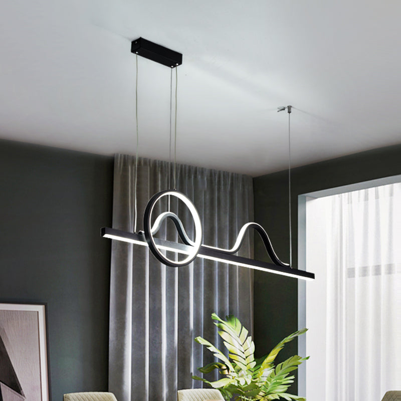 Contemporary Led Black Suspended Island Lamp With Curvy Line And Ring Metallic Design