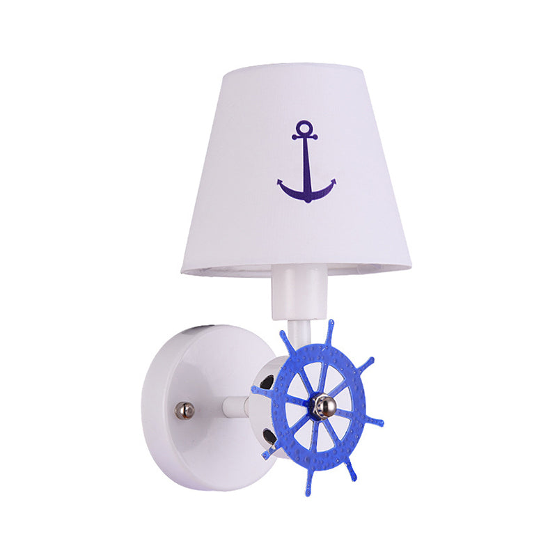 White Fabric Tapered Shade Wall Light Sconce With Rudder Decor - Kids Single Head Lighting