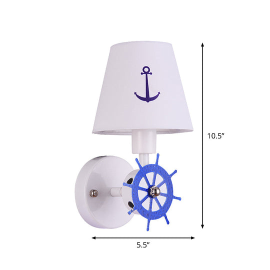 White Fabric Tapered Shade Wall Light Sconce With Rudder Decor - Kids Single Head Lighting