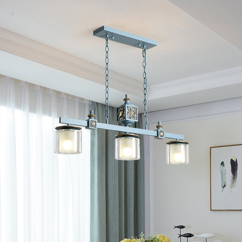 Sky Blue Dual Cylinder Parlor Island Pendant Lamp With Clear And Frosted Glass - 3 Bulbs Light