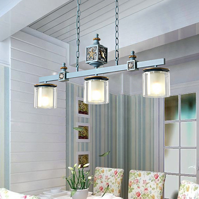 Sky Blue Dual Cylinder Parlor Island Pendant Lamp With Clear And Frosted Glass - 3 Bulbs