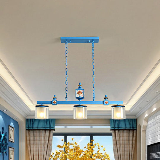 Sky Blue Dual Cylinder Parlor Island Pendant Lamp With Clear And Frosted Glass - 3 Bulbs