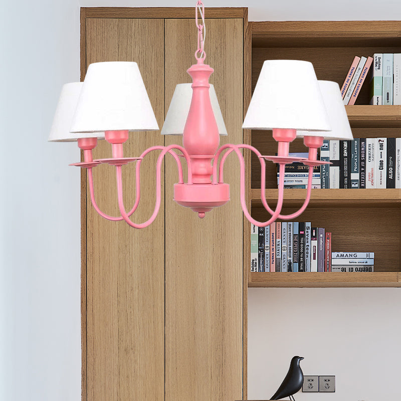 Nordic Style Hotel Restaurant Tapered Shade Chandelier - Metal 6-Lights Pink & White Suspension