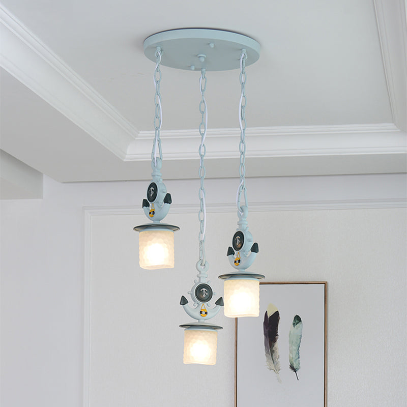 Dimpled Glass Cylindrical Pendant Lights - Modern 3-Head Down Lighting In Black/Blue With Anchor