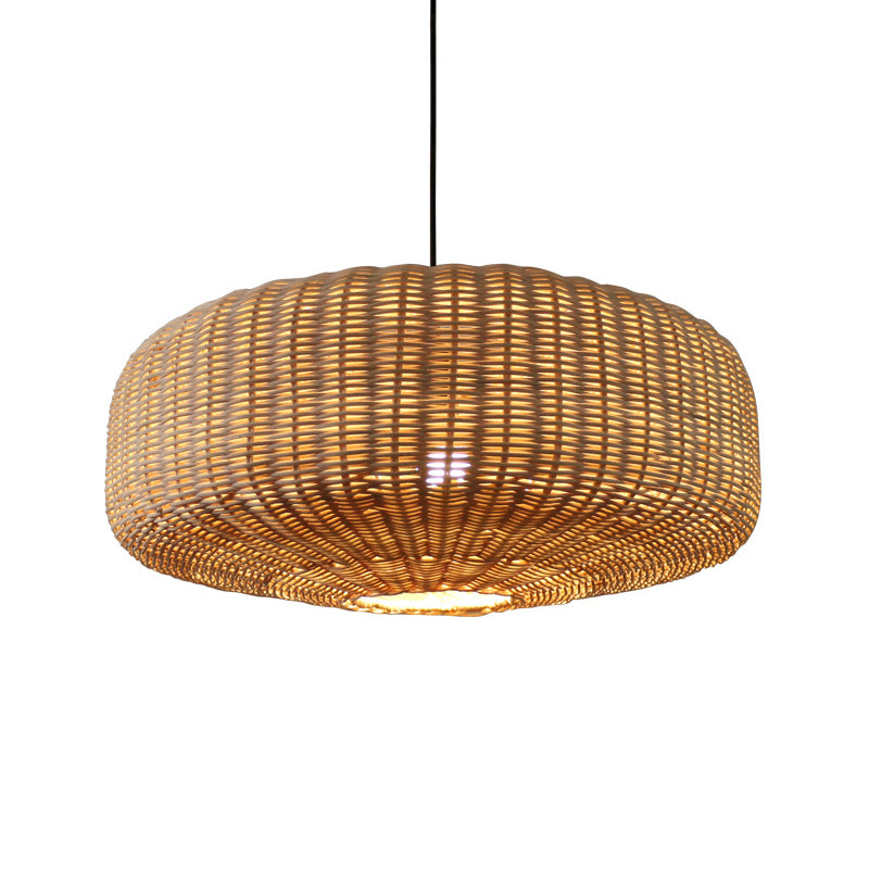Beige Woven Asian Hanging Light Kit With Rattan Shade