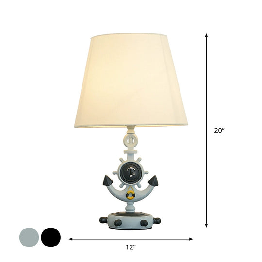Nautical Cone Table Lamp: 1-Light Fabric Study Room Night Lighting Anchor Base & Rudder Pedestal