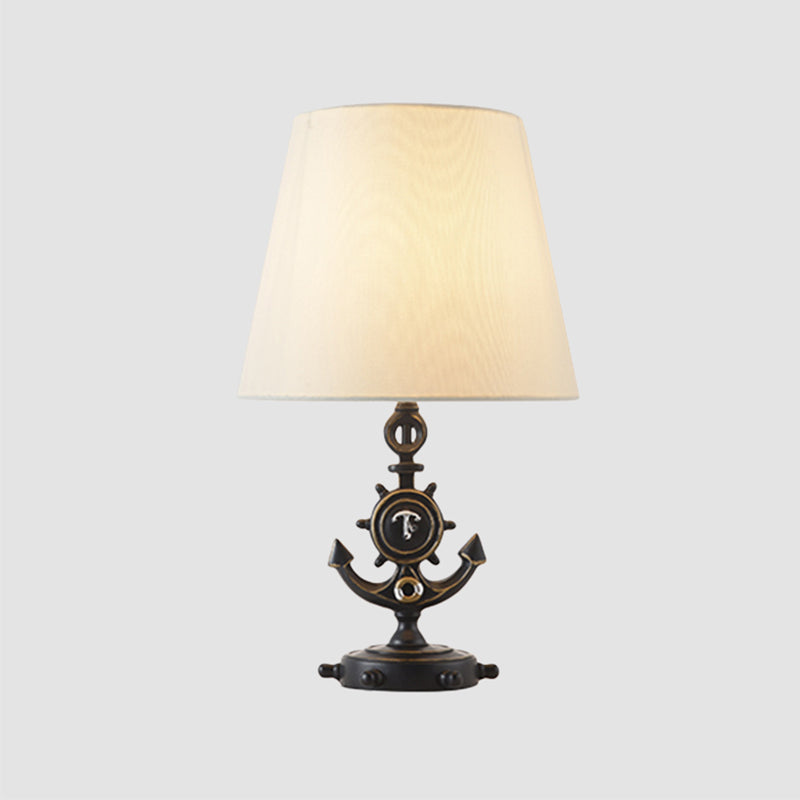 Nautical Cone Table Lamp: 1-Light Fabric Study Room Night Lighting Anchor Base & Rudder Pedestal