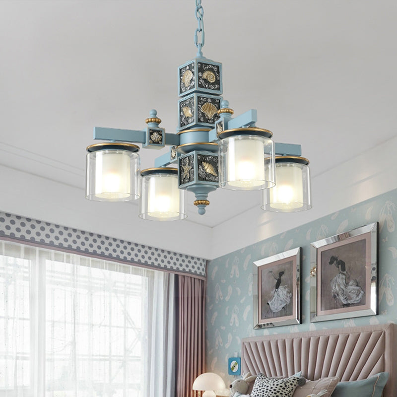 Modern Sky Blue Dual Cylinder Chandelier With Nordic Design - 4 Bulbs Clear And Opal Glass Down