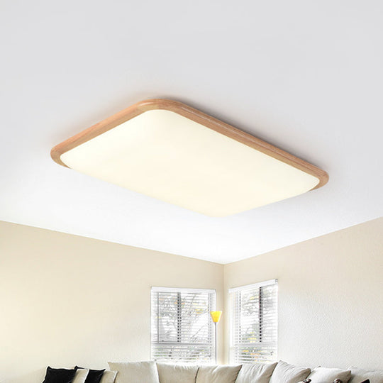 Led Parlor Ceiling Lamp Simple Beige Flush Mount Fixture With Wood Shade In Warm/White Light