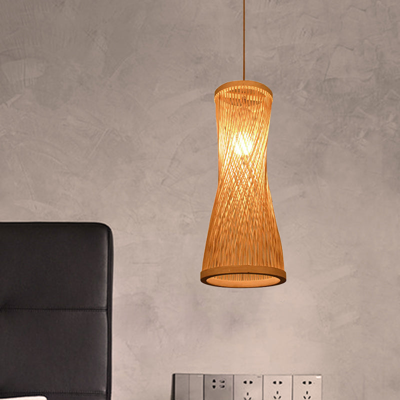 Loft Style 1-Light Bamboo Suspension Pendant - Hourglass Design (6/6.5 Wide) Beige Down Lighting