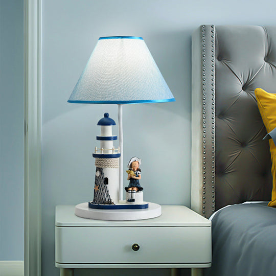 Blue Cartoon Girl/Boy Barrel Shade Night Light: Kids Fabric Table Lamp With Lighthouse Decor / Girl