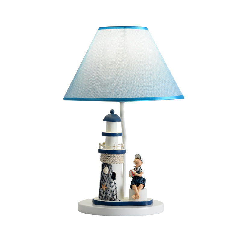 Blue Cartoon Girl/Boy Barrel Shade Night Light: Kids Fabric Table Lamp With Lighthouse Decor