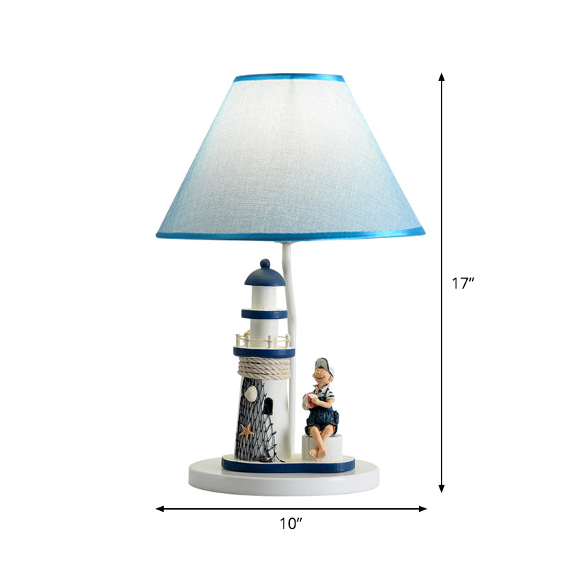 Blue Cartoon Girl/Boy Barrel Shade Night Light: Kids Fabric Table Lamp With Lighthouse Decor