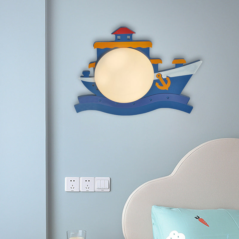 Pirate Ship Wooden Led Wall Sconce With Opal Glass Shade For Kids In Pink/Blue Blue
