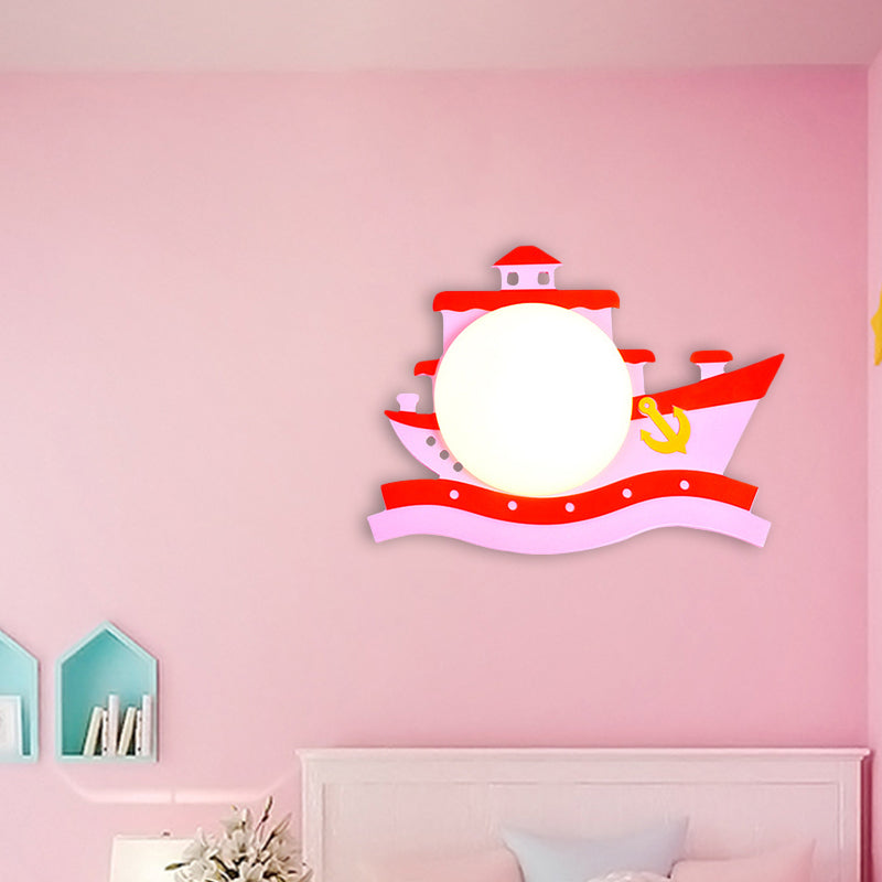 Pirate Ship Wooden Led Wall Sconce With Opal Glass Shade For Kids In Pink/Blue