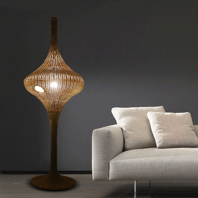 Asia 1 Head Stand Up Lamp: Coffee Woven Urn-Like Floor Lighting With Bamboo Shade