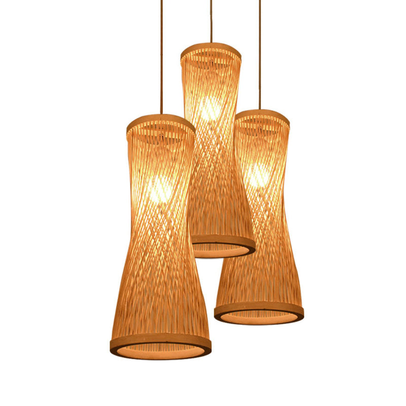 Rustic Beige Hourglass Hanging Lamp Kit With 3 Bamboo Batten Heads - Multiple Ceiling Light