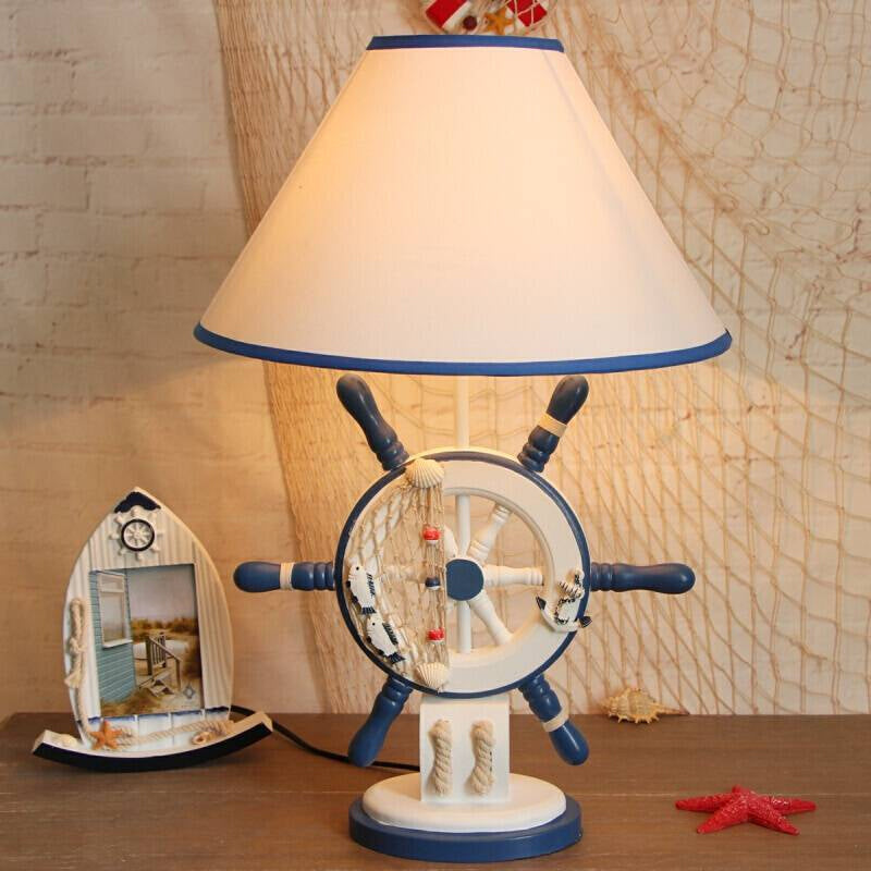 Childrens Blue Night Light Desk Lamp With Resin Rudder Base Single Bulb And White Cone Shade / B