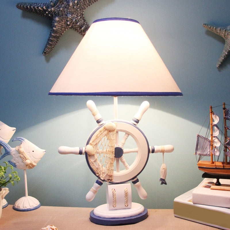 Childrens Blue Night Light Desk Lamp With Resin Rudder Base Single Bulb And White Cone Shade