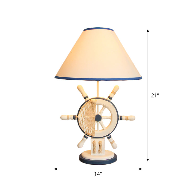 Childrens Blue Night Light Desk Lamp With Resin Rudder Base Single Bulb And White Cone Shade
