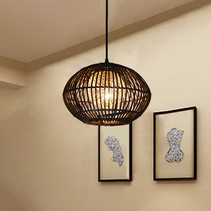 Spherical Bamboo Cage Pendant Light In Beige Loft Style Dining Room Ceiling Lamp (1 Head) - 16 Or