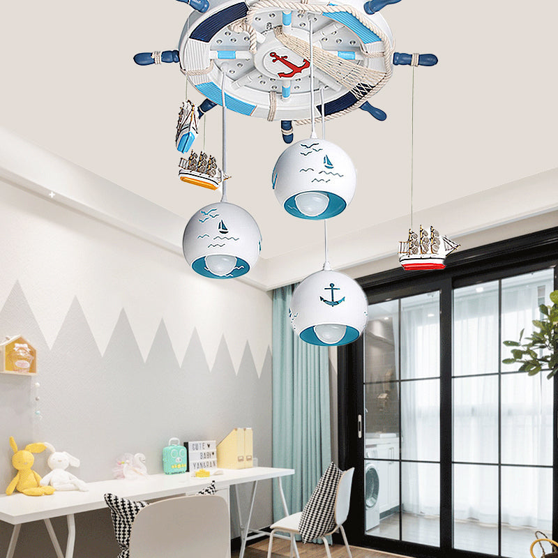 Nautical Rudder Pendant Light In Blue For Kids Bedroom With Ship Wood Hanging Design