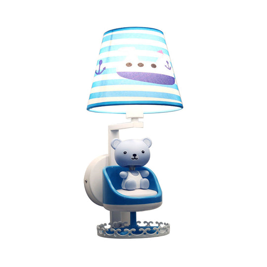 Kids Blue Wall Light With Nursing Room Toy Bear And Ship Fabric