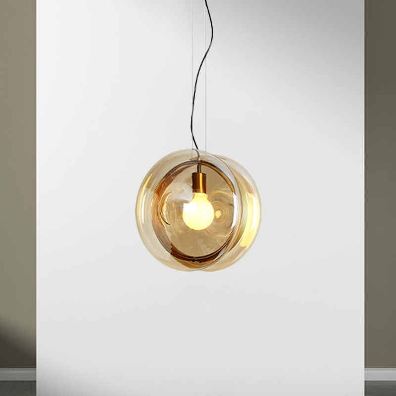 Contemporary Glass Pendant Lamp With Brass Ring - Perfect For Restaurants 1 Head Sphere Light Amber