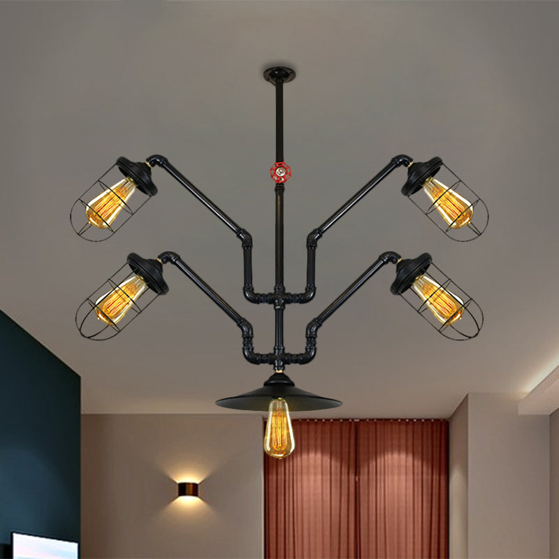 Industrial Style Chandelier With Wire Cage And Water Pipe - 5-Light Suspended Light For Dining Room