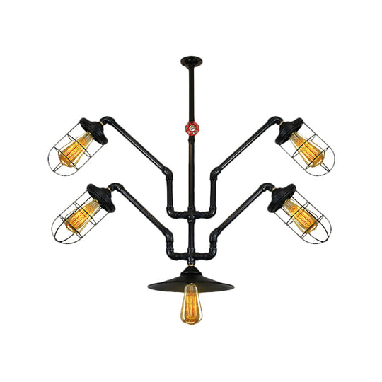 Industrial Style Chandelier With Wire Cage And Water Pipe - 5-Light Suspended Light For Dining Room