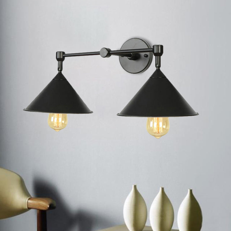 Cone-Shaped Antique Two-Light Metal Wall Sconce Lamp For Living And Dining Rooms