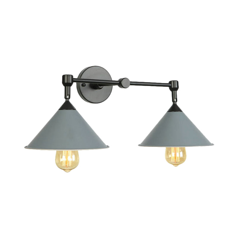 Cone-Shaped Antique Two-Light Metal Wall Sconce Lamp For Living And Dining Rooms Grey