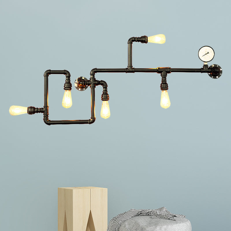 Industrial Black Metal Maze Sconce Light With Water Pipe - 5-Light Restaurant Wall Lamp