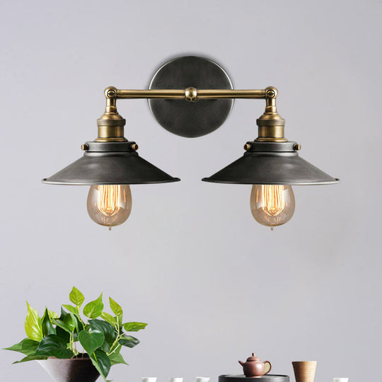 Farmhouse Style Wrought Iron Wall Sconce With Antique Black Conical Shade 2 Heads For A Vintage Look