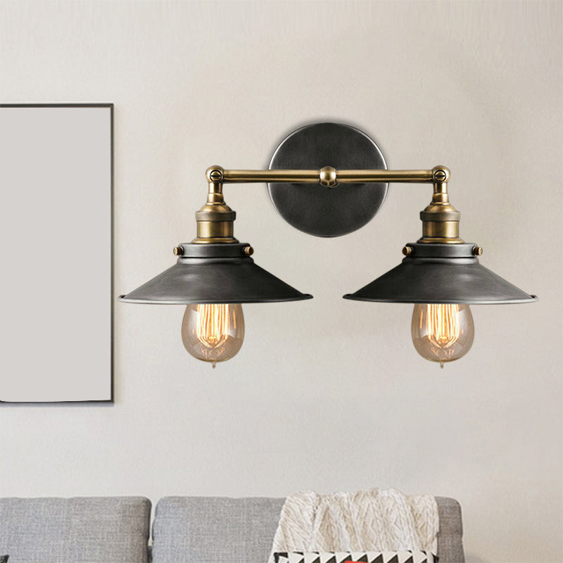 Farmhouse Style Wrought Iron Wall Sconce With Antique Black Conical Shade 2 Heads For A Vintage Look