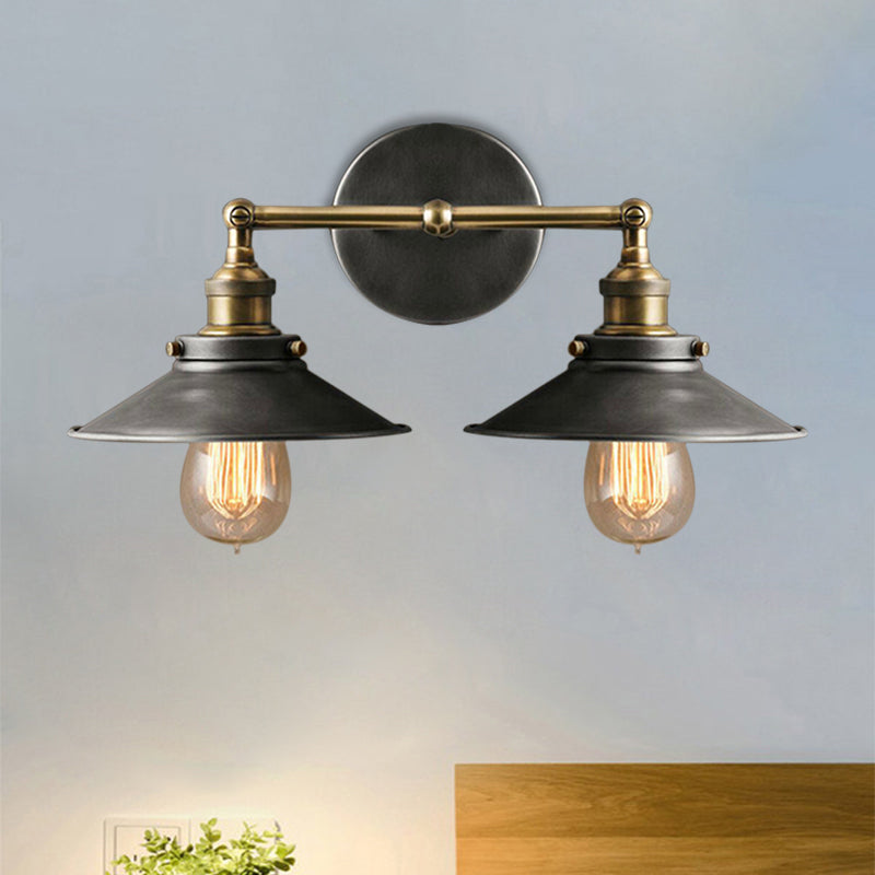 Farmhouse Style Wrought Iron Wall Sconce With Antique Black Conical Shade 2 Heads For A Vintage Look