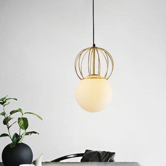 Modern White Globe Suspension Light with Melon Wire and Frosted Glass- Ideal for Bedroom