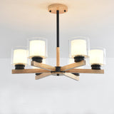 Wooden Double Glass Chandelier With Cylinder Shade - 3/6 Lights For Living Room Ceiling