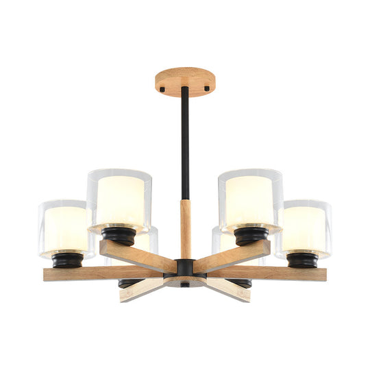 Wooden Double Glass Chandelier With Cylinder Shade - 3/6 Lights For Living Room Ceiling