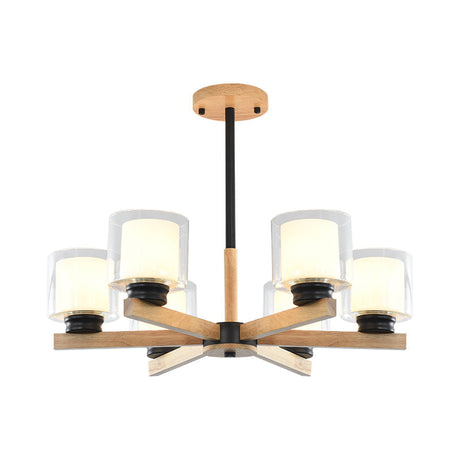 Wooden Double Glass Chandelier With Cylinder Shade - 3/6 Lights For Living Room Ceiling