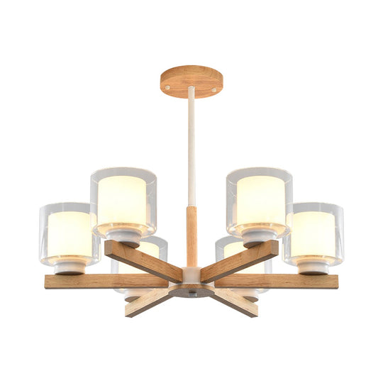 Wooden Hanging Chandelier with Double Glass Cylinder Shade - 3/6 Light Ceiling Lamp for Living Room