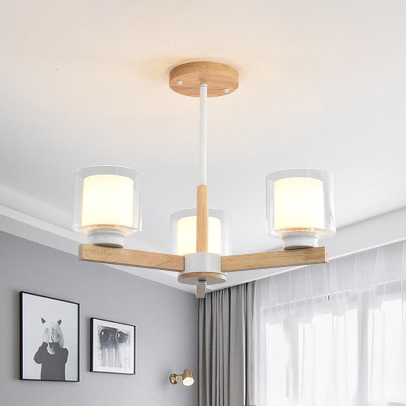 Wooden Double Glass Chandelier With Cylinder Shade - 3/6 Lights For Living Room Ceiling 3 / White