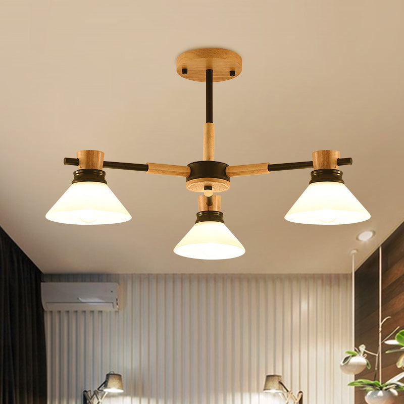 Modern Glass and Wood Hanging Pendant Chandelier - Black/Gold Branch Cone Shade for Sitting Room