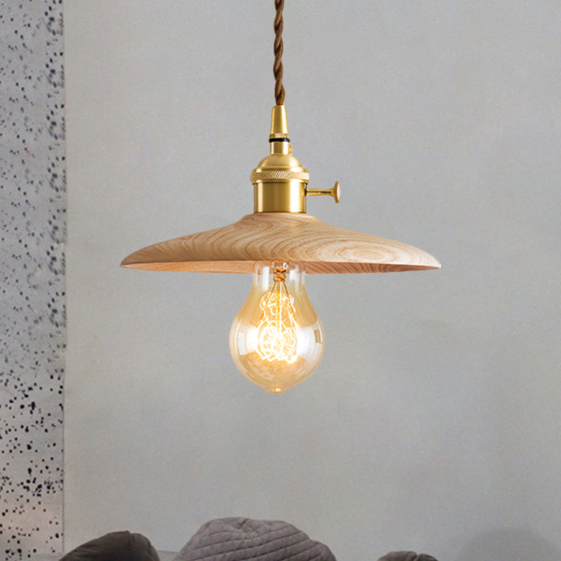 Brown/Beige Conical Living Room Suspension Light - 1 Light Contemporary Hanging Lamp in Wood Finish