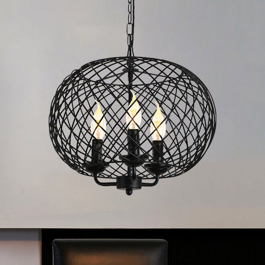 Industrial Metal Mesh Drum Shade Chandelier Lamp - Black 3-Bulb Hanging Ceiling Fixture for Dining Room
