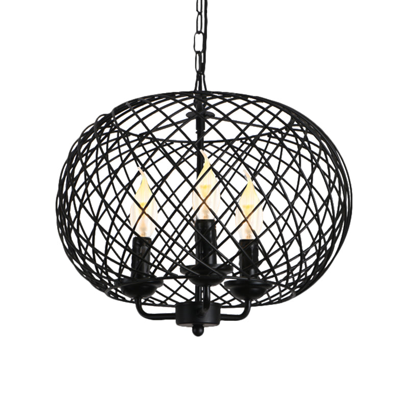 Industrial Metal Mesh Drum Shade Chandelier Lamp - Black 3-Bulb Hanging Ceiling Fixture for Dining Room